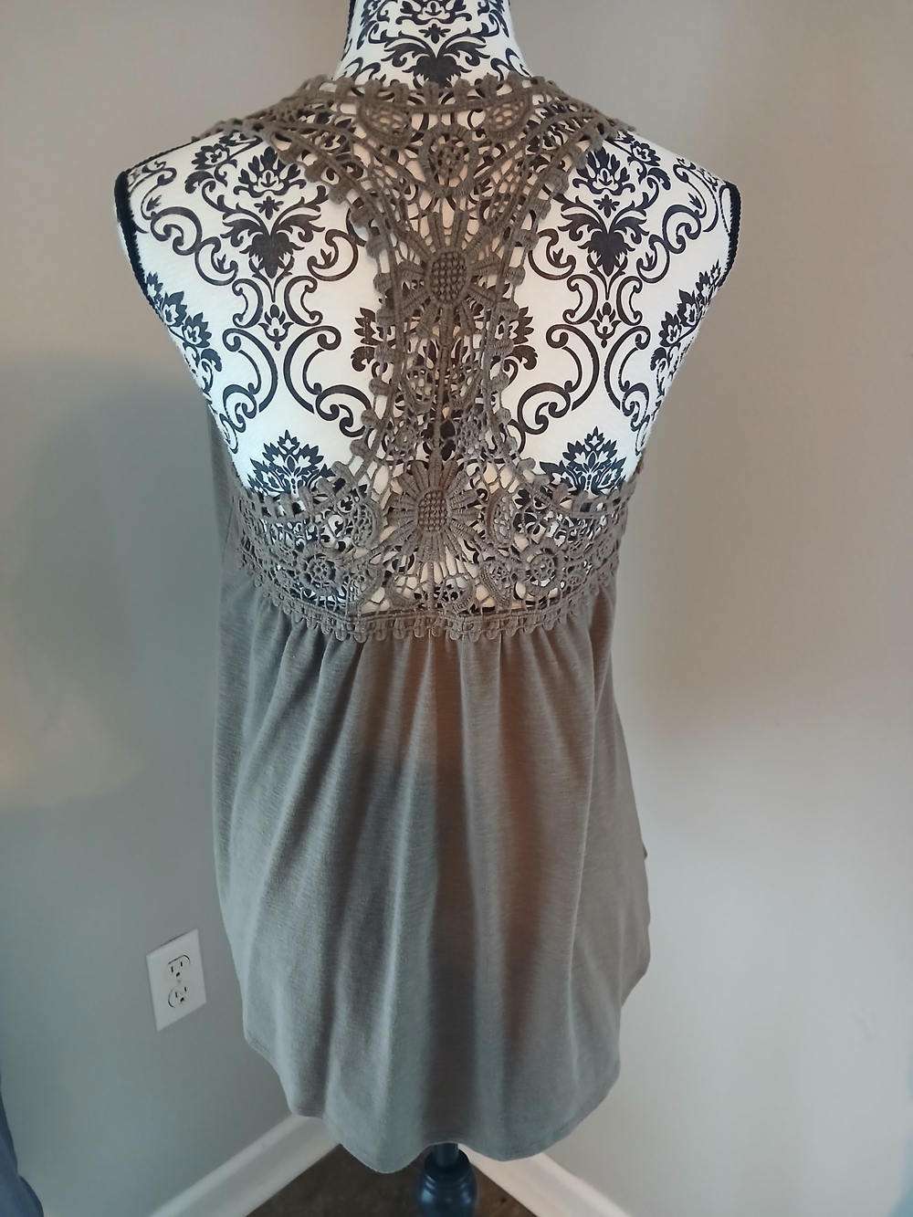 Cato Taupe Crochet Lace Racerback Tunic Tank
